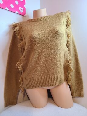 By Anthropologie Soft Knit Boho Fringe Crewneck Pullover Sweater Size Lg